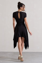 Black Gathered Mesh Long-Sleeve Draped Mini Dress